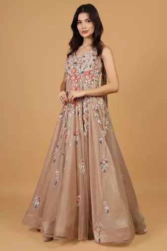 mocha net gown with opaque sequin embellishment