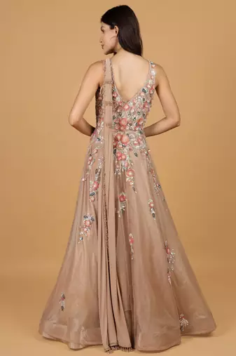 mocha net gown with opaque sequin embellishment