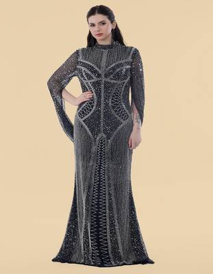 dark blue net backtrail gown with heavy beadwork 1
