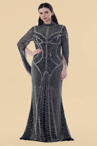 dark blue net backtrail gown with heavy beadwork
