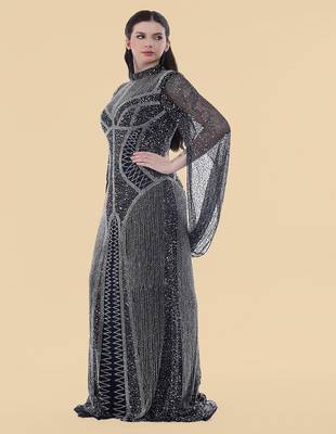 dark blue net backtrail gown with heavy beadwork 2
