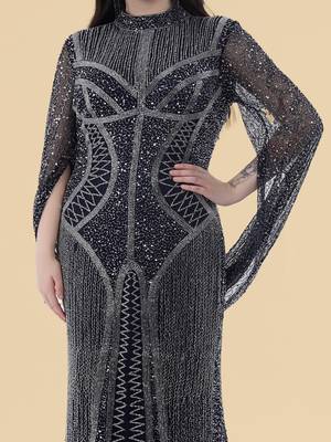 dark blue net backtrail gown with heavy beadwork 3