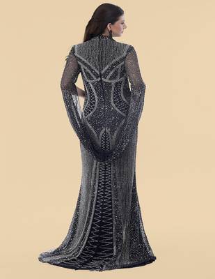 dark blue net backtrail gown with heavy beadwork 4