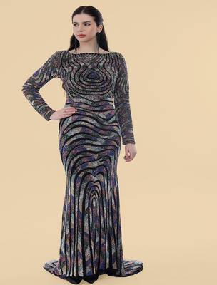 black net backtrail gown with multicolor beadwork 1