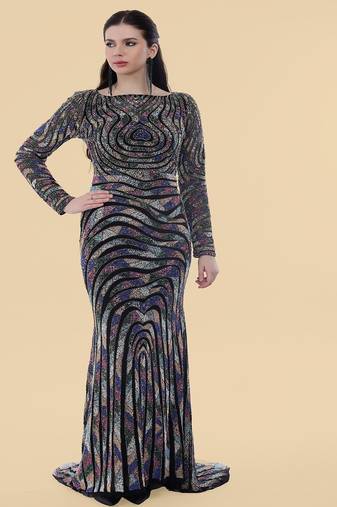 black net backtrail gown with multicolor beadwork