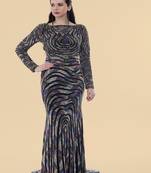 Black net backtrail gown with multiclour beadwork