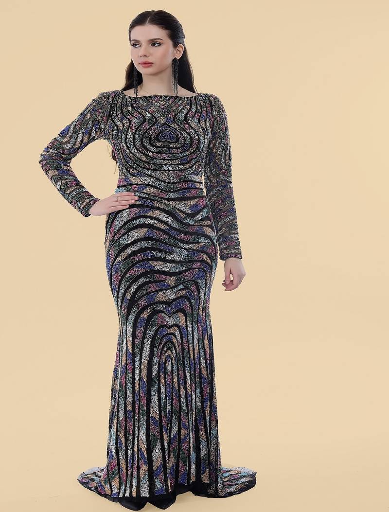 Black net backtrail gown with multiclour beadwork