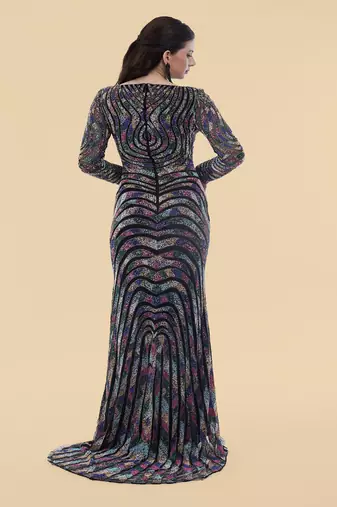 black net backtrail gown with multicolor beadwork