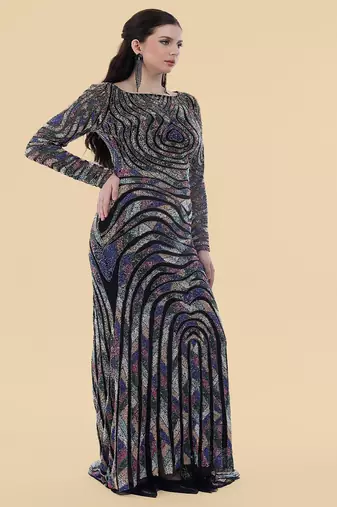 black net backtrail gown with multicolor beadwork