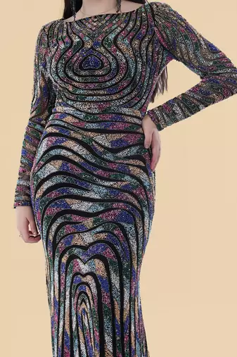 black net backtrail gown with multicolor beadwork