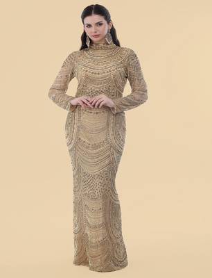 gold net gown with heavy embroidery for women 1