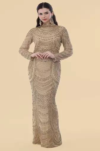 Gold net gown with heavy gold embroidery