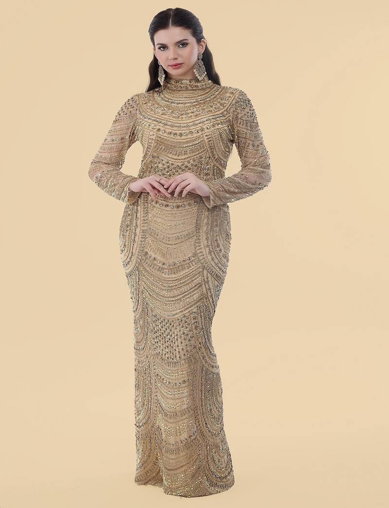 gold net gown with heavy embroidery for women