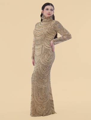 gold net gown with heavy embroidery for women 2