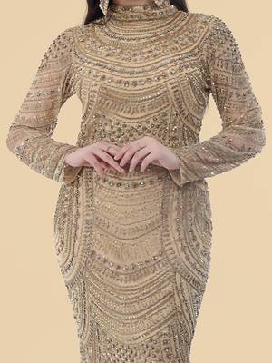 gold net gown with heavy embroidery for women 4