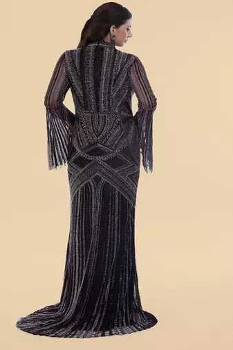 black net backtrail gown with heavy beadwork