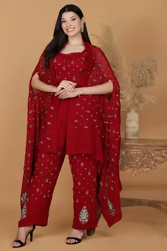 Maroon georgette cape with dubka and zari work with embroidered blouse and pant