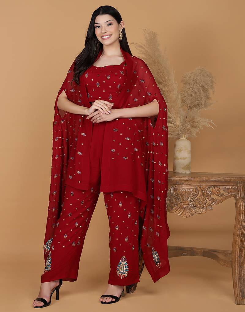 Maroon georgette cape with dubka and zari work with embroidered blouse and pant