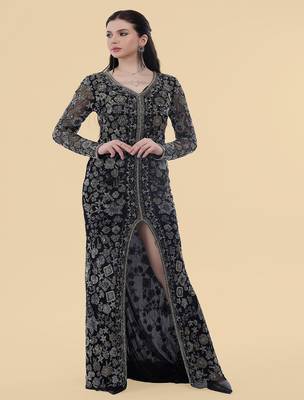 black net front slit floral embroidered gown 1