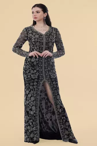 Black net front slit floral gown