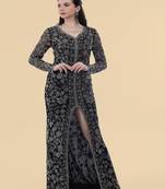 Black net front slit floral gown