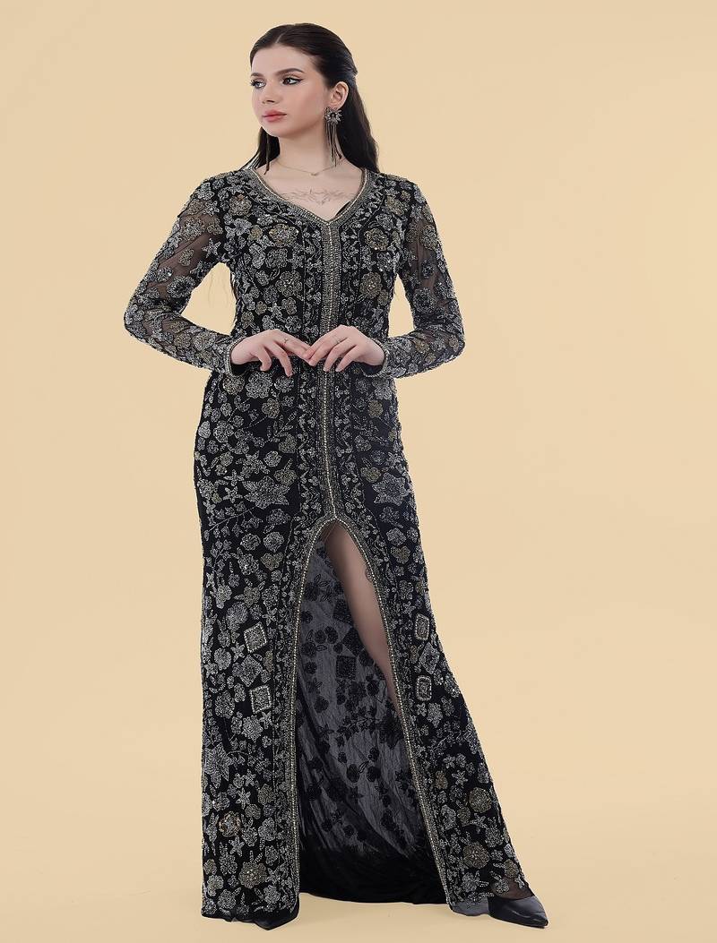 Black net front slit floral gown