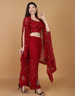 maroon georgette cape with dubka and zari embellishment 2