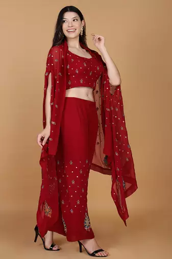 maroon georgette cape with dubka and zari embellishment