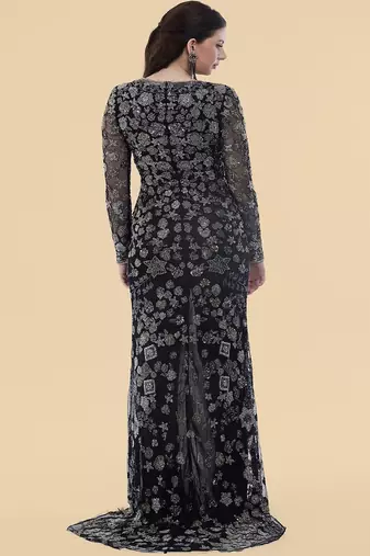 black net front slit floral embroidered gown