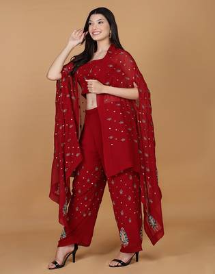 maroon georgette cape with dubka and zari embellishment 3