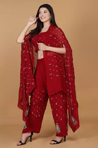 maroon georgette cape with dubka and zari embellishment