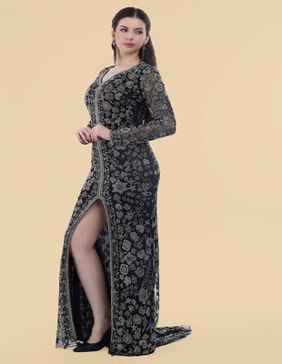 black net front slit floral embroidered gown 3