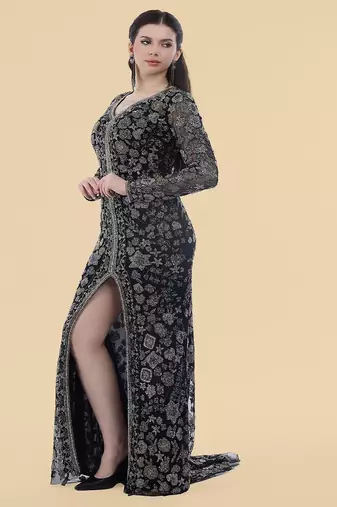 black net front slit floral embroidered gown