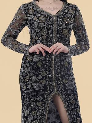 black net front slit floral embroidered gown 4