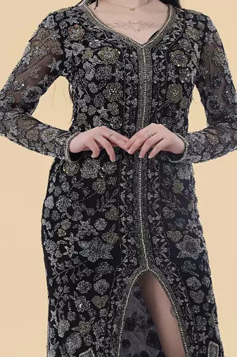black net front slit floral embroidered gown