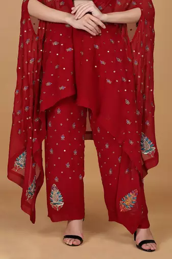 maroon georgette cape with dubka and zari embellishment