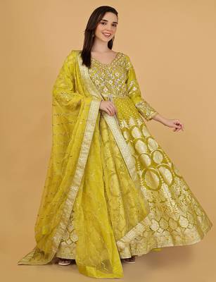 Lime Green Organza Sequins and Beadwork Jacket Lehenga Set 1