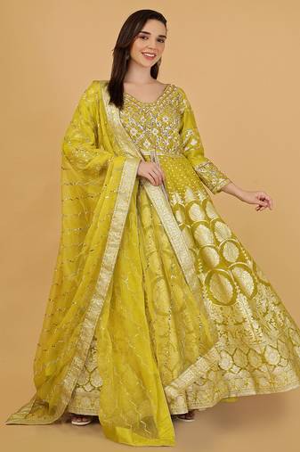 Lime Green Organza Sequins and Beadwork Jacket Lehenga Set