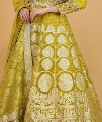 Lime Green Organza Sequins and Beadwork Jacket Lehenga Set 2
