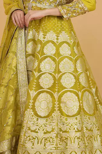 Lime Green Organza Sequins and Beadwork Jacket Lehenga Set