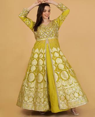 Lime Green Organza Sequins and Beadwork Jacket Lehenga Set 3