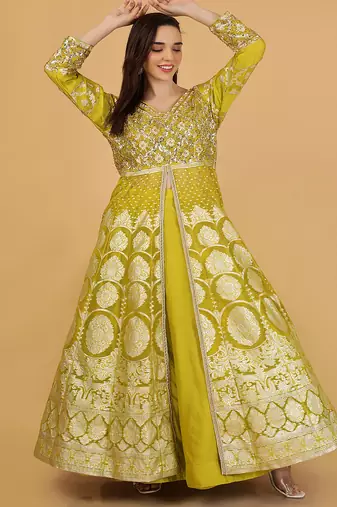 Lime Green Organza Sequins and Beadwork Jacket Lehenga Set
