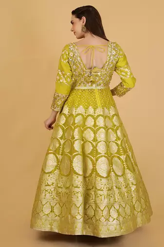 Lime Green Organza Sequins and Beadwork Jacket Lehenga Set