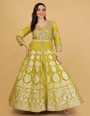 Lime Green Organza Sequins and Beadwork Jacket Lehenga Set 5