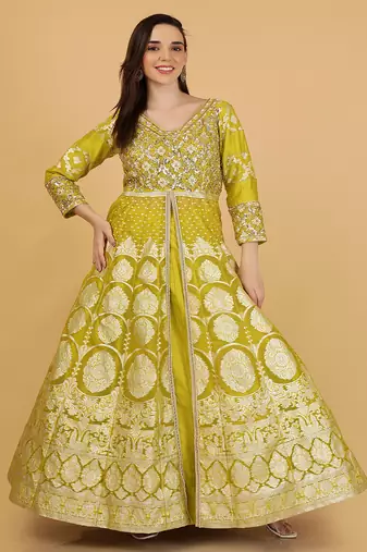 Lime Green Organza Sequins and Beadwork Jacket Lehenga Set