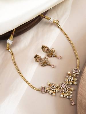 Gold plated pink ad flower design pendant necklace set 1