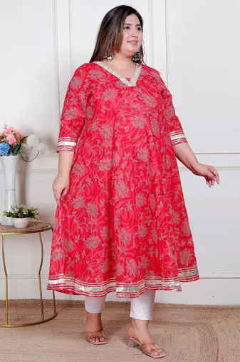 plus size red jaipuri printed cotton kurta