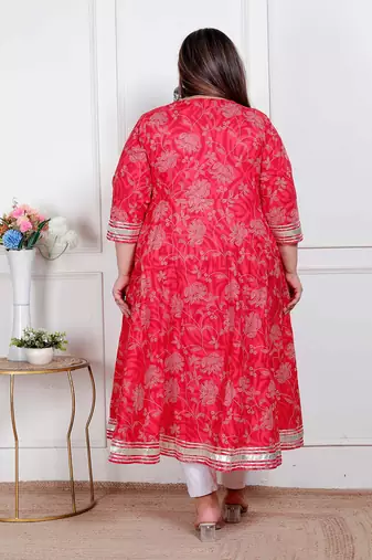 plus size red jaipuri printed cotton kurta