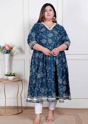 plus size blue cotton embroidered anarkali kurta 1