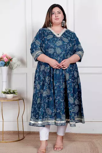   plus size women's blue cotton embroidered neck anarkali kurta